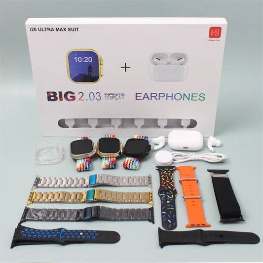 I20 Ultra Max Suit (10 in 1) Smart Watch + Earbuds Master Copy with 7 straps  (ALLOW TO OPEN)